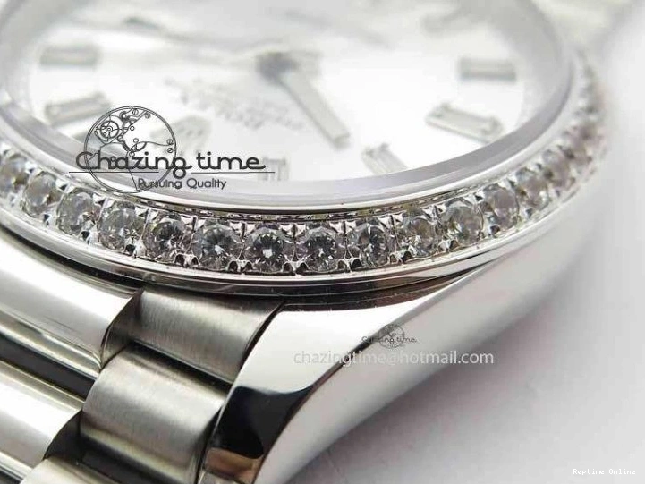0126 TechFriendly Day Date 40mm SS BP Maker Best Edition Diamond Bezel Silver Dial On SS Bracelet ETA 3696